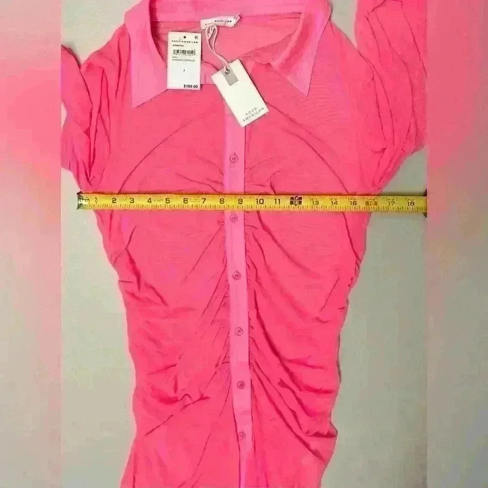 NWT Good American Ruched Long Sleeve‎ Minidress / Coverup Knockout Pink Sz 3 (L) - Picture 5 of 9